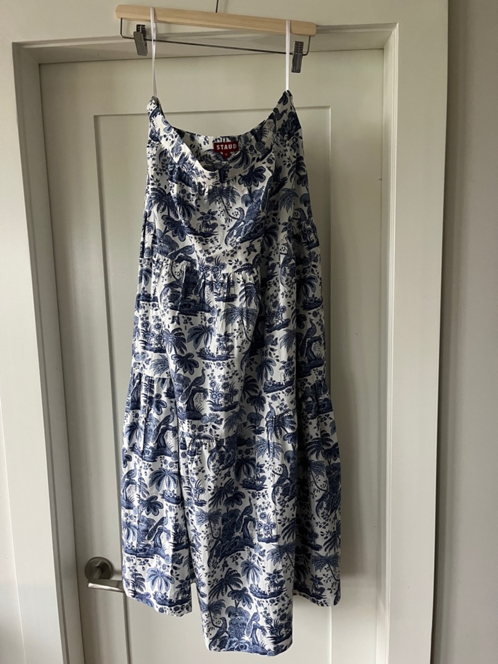 STAUD blue toile with tropical Print skirt